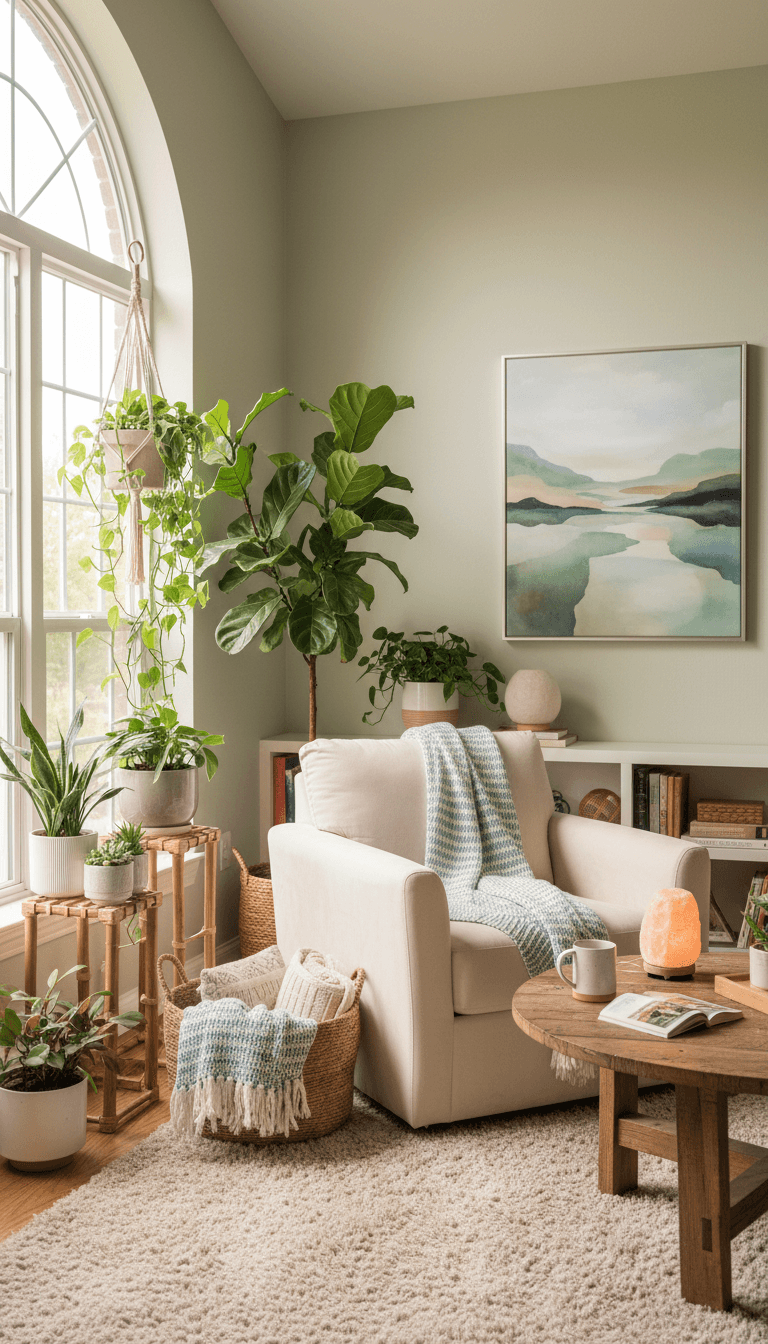 Cozy bright living room corner with plants in natural light