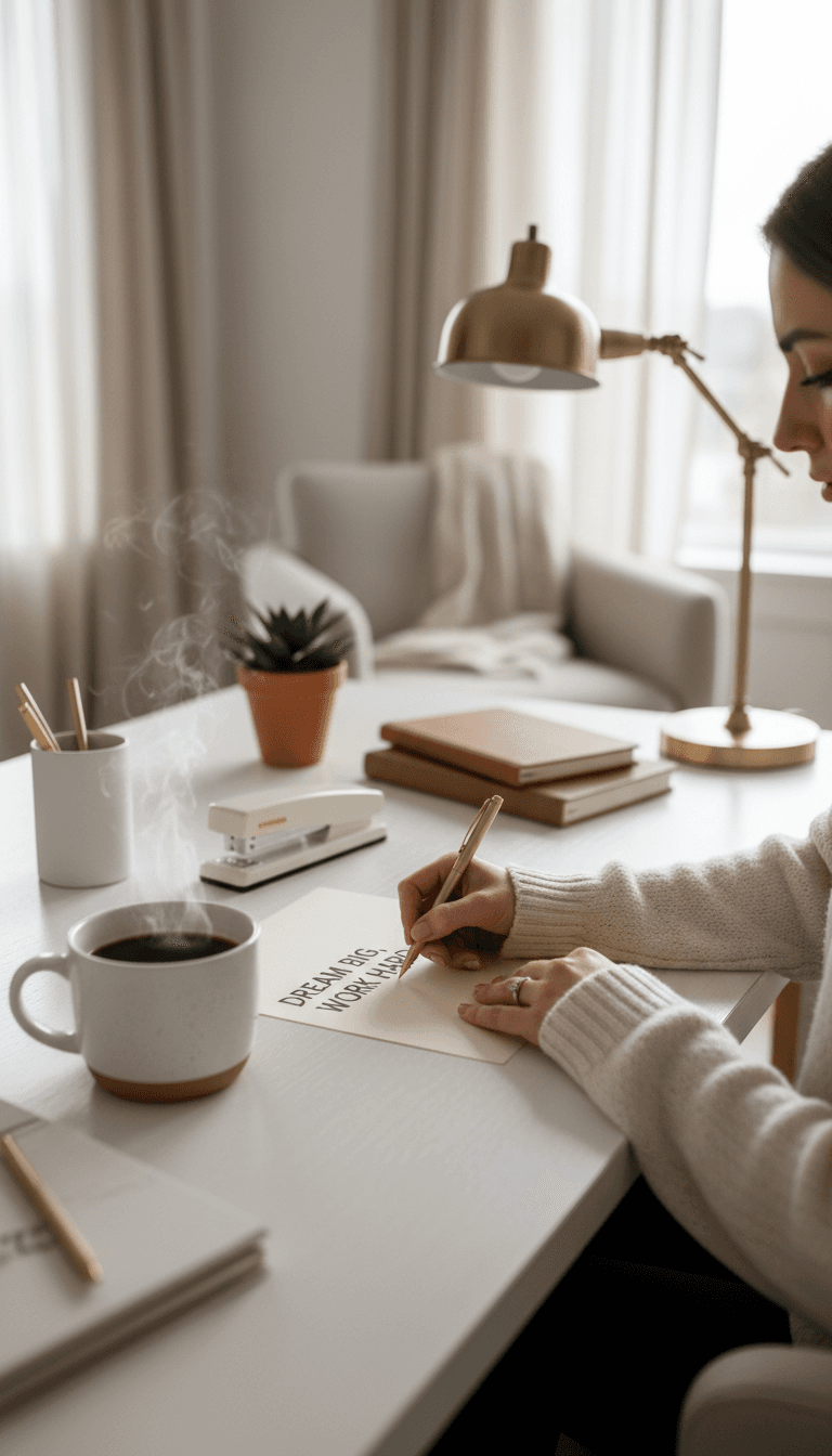 Woman writing a note at a bright cozy desk with coffee