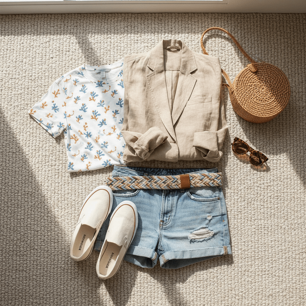 Flat lay of coordinated seasonal outfit with jacket, shorts, tee, sneakers, and accessories on neutral background
