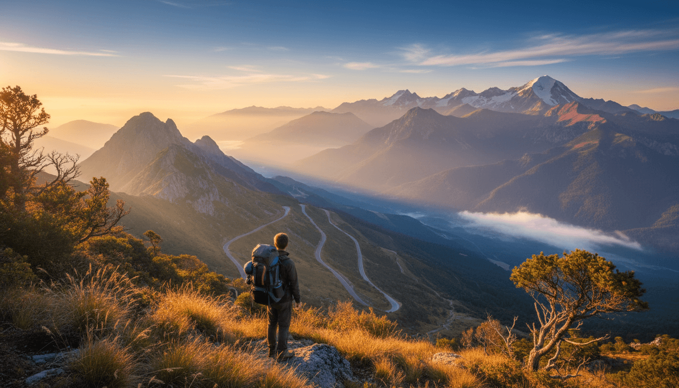 Traveler with backpack standing on a scenic mountain overlook, taking in the view at golden hour