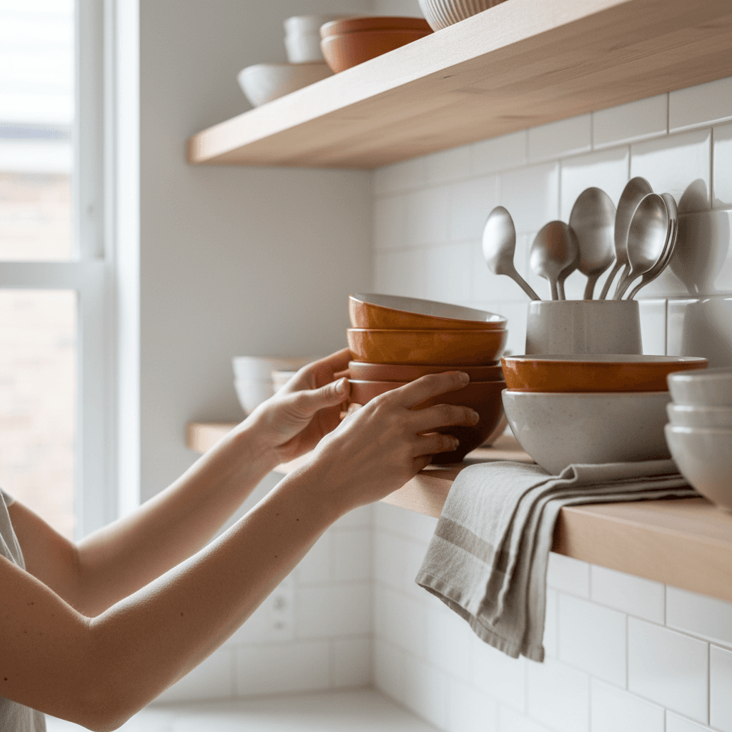 Styled open kitchen shelves with ceramics