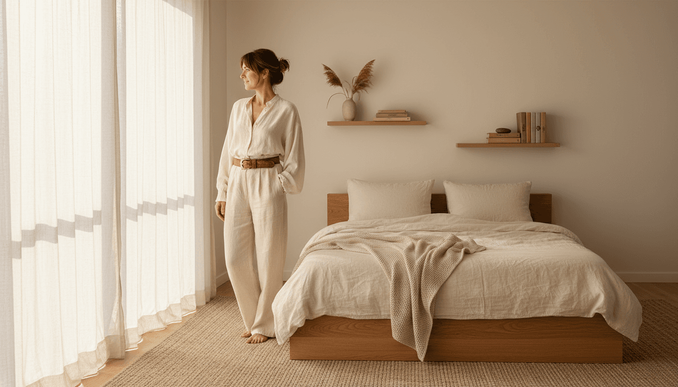 Woman getting ready for her day in a bright and simple bedroom
