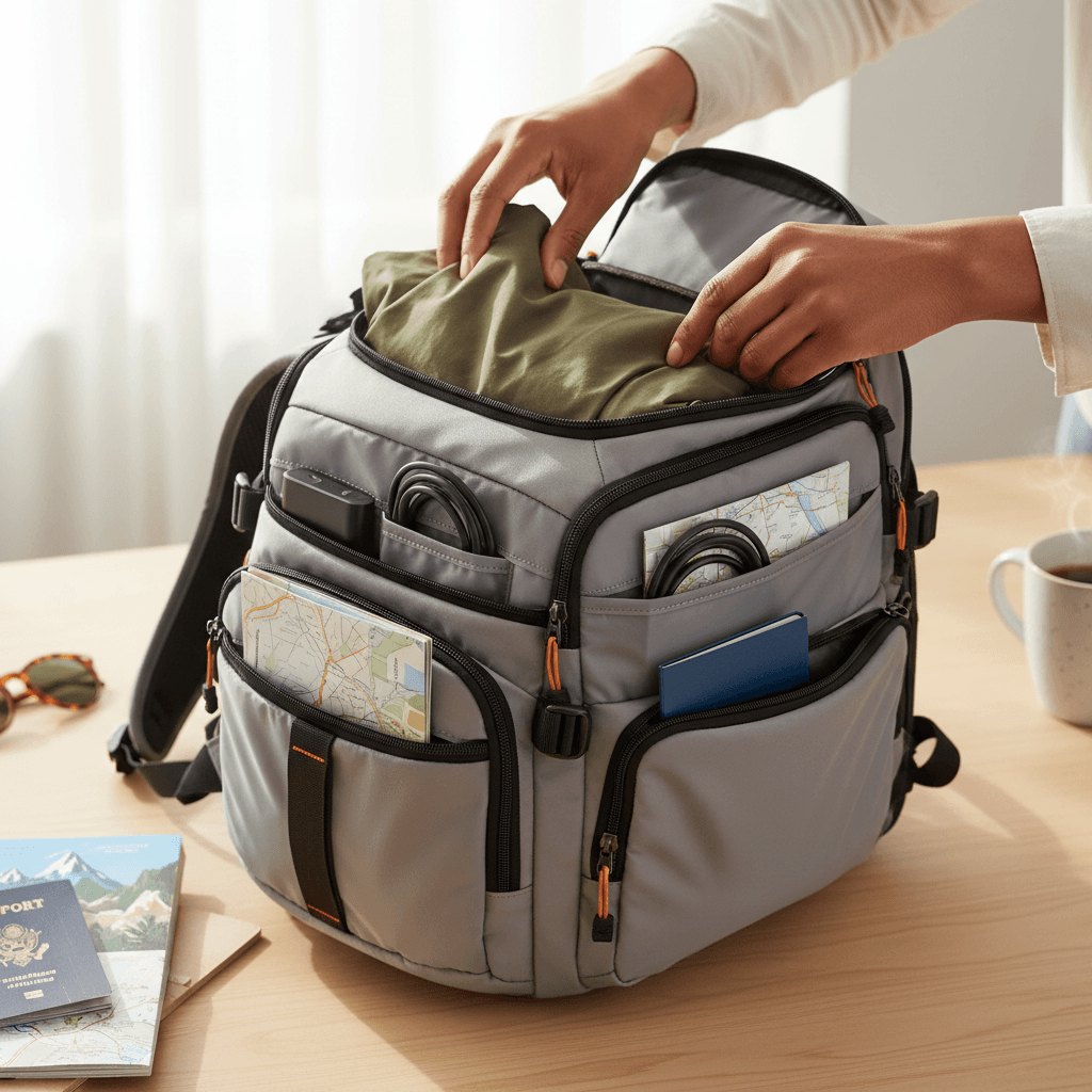 Woman packing a suitcase with travel essentials on a bright bed