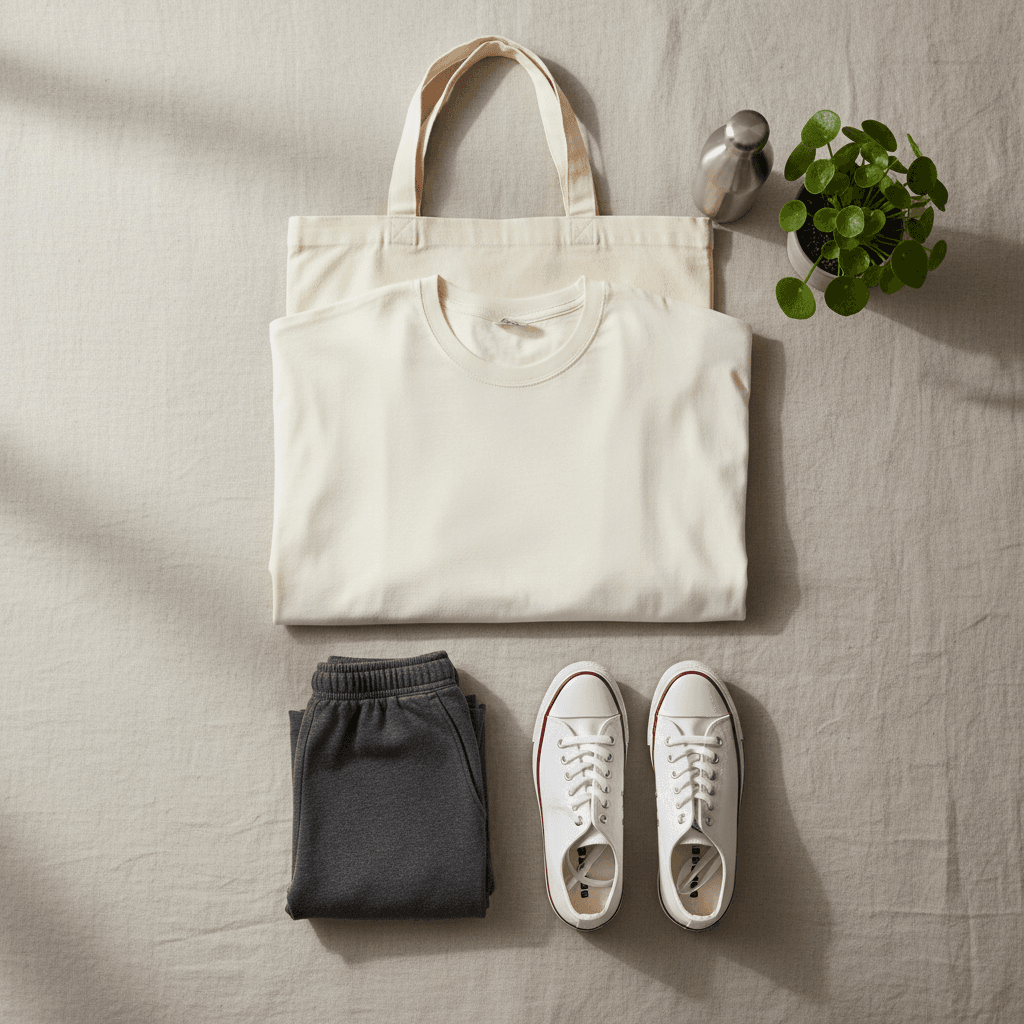 Flat lay of everyday accessories including a straw hat, sunglasses, and canvas tote