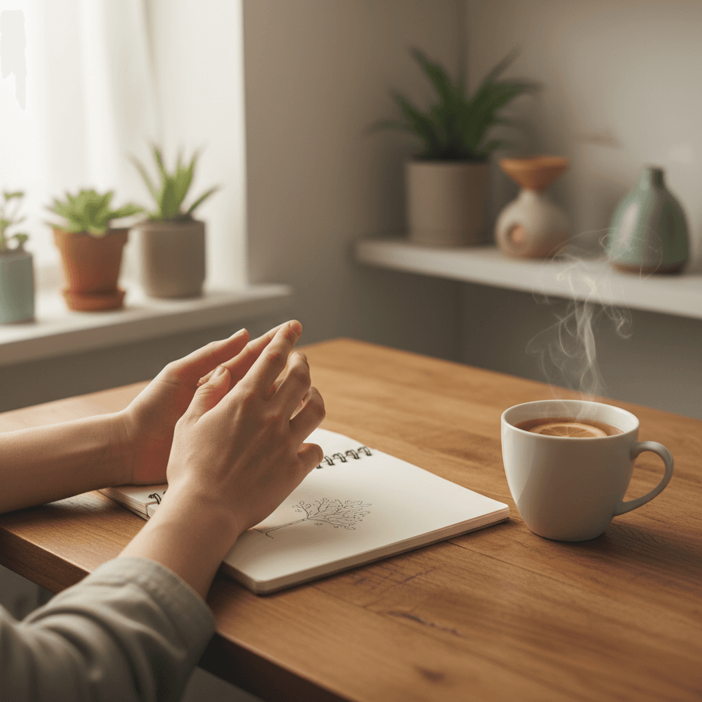 Person journaling at a tidy desk in a bright calm bedroom