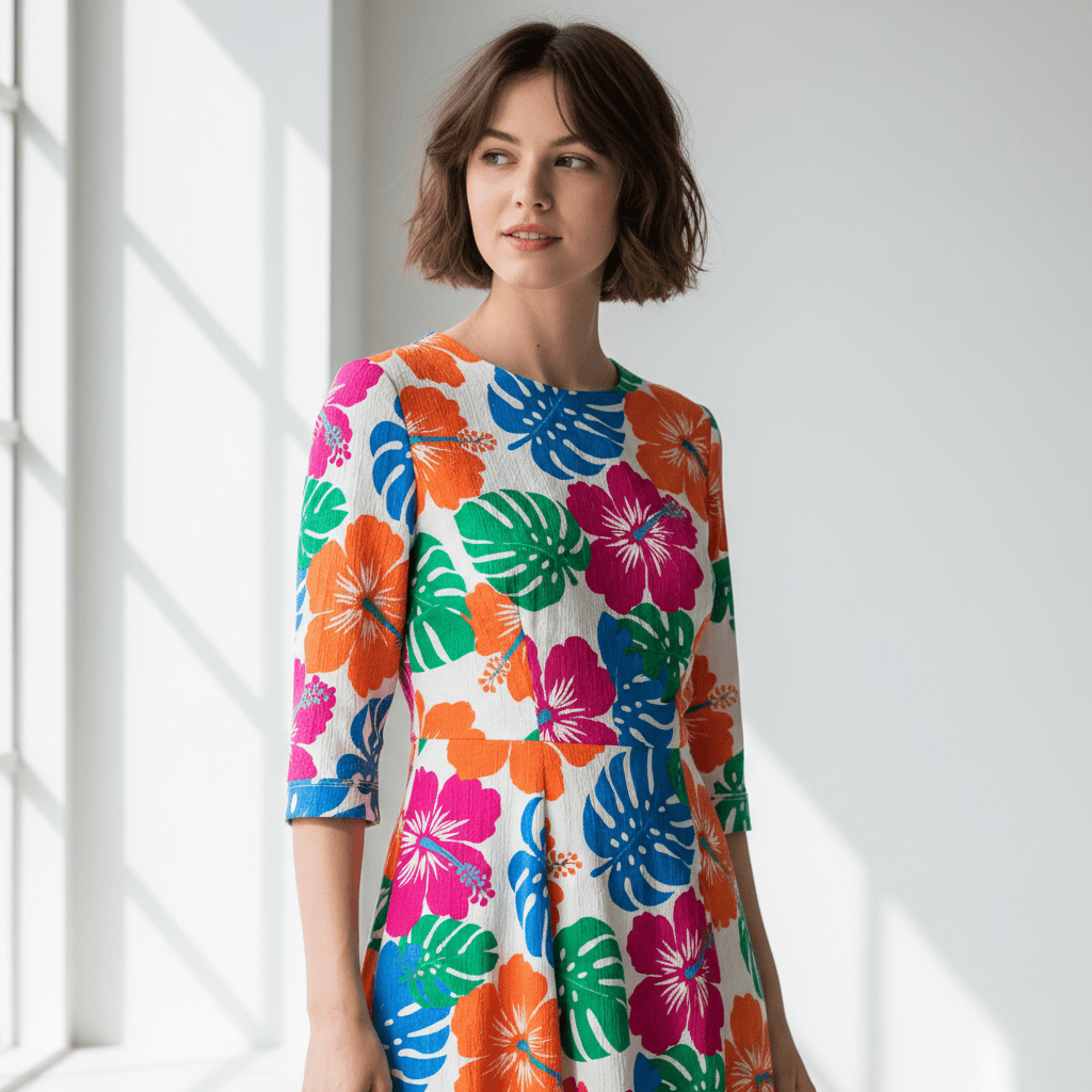 Woman in a floral midi dress walking through a park on a sunny day