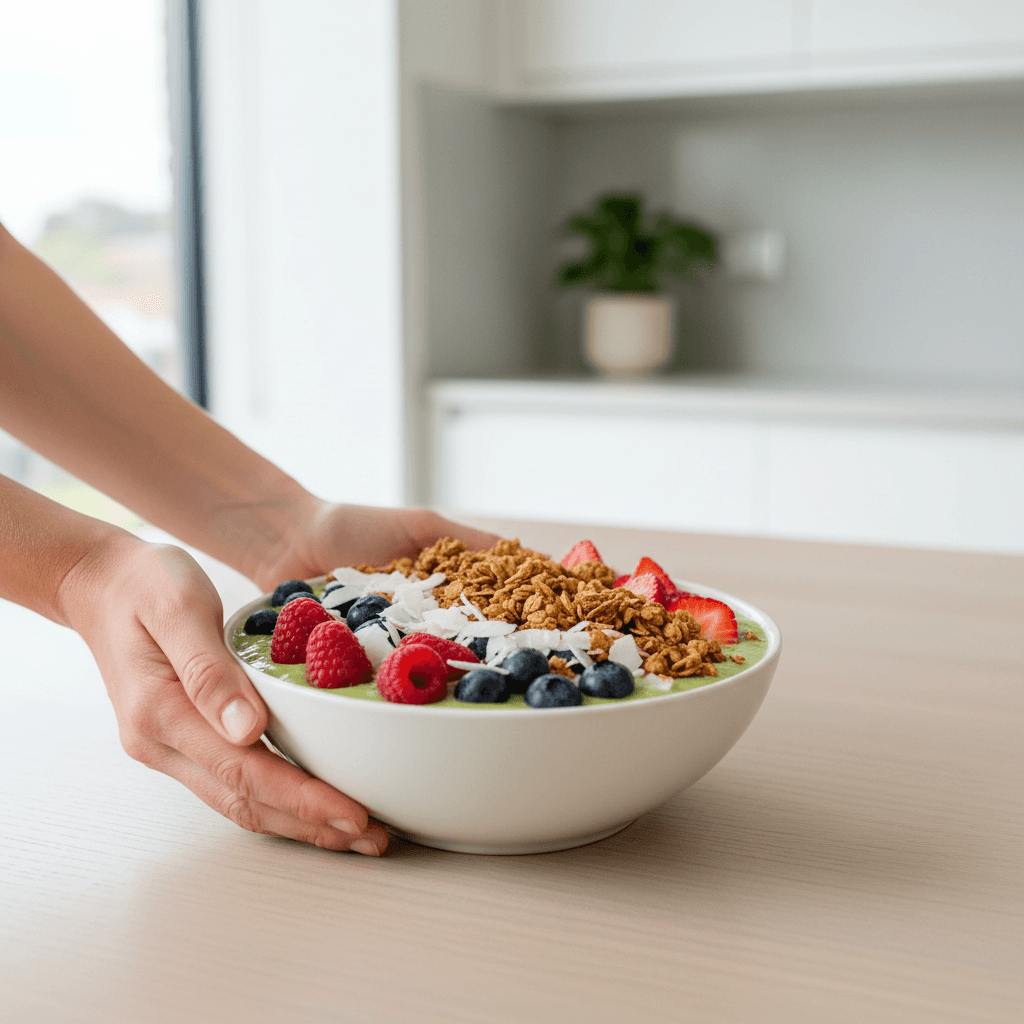 Person preparing a healthy breakfast bowl in a tidy bright kitchen