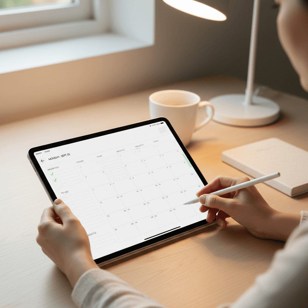 Simple daily habit tracker notebook beside a cup of coffee on a wooden desk