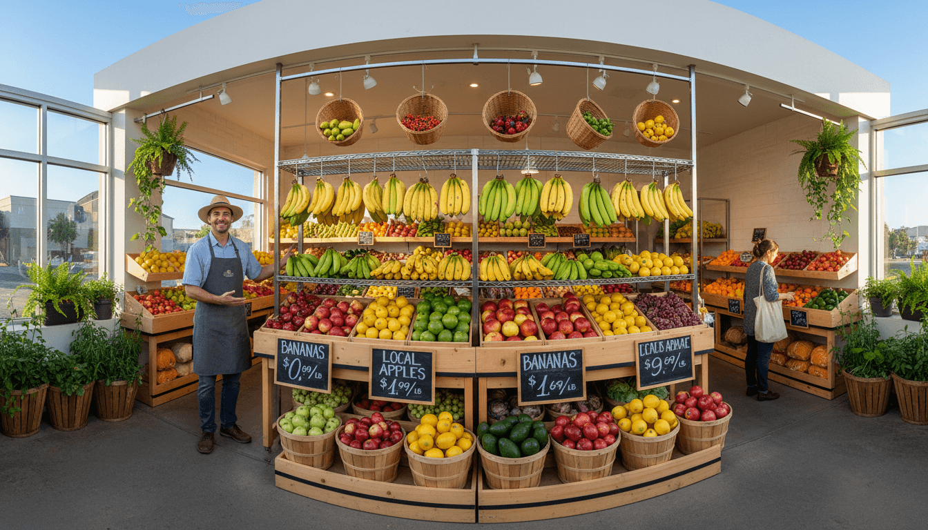 Colorful tropical street market with fresh fruit stalls and string lights in the evening
