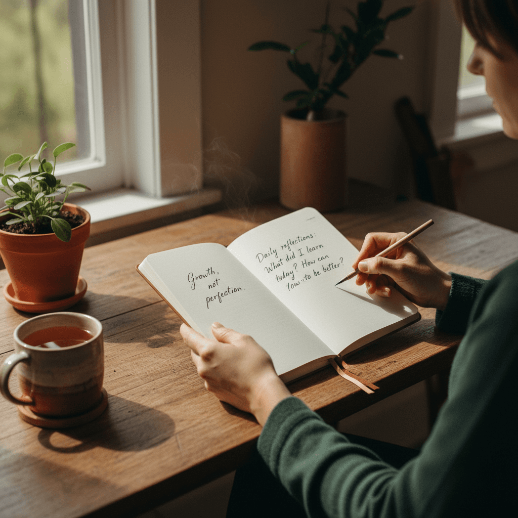 Woman journaling at a sunlit wooden desk with a cup of tea