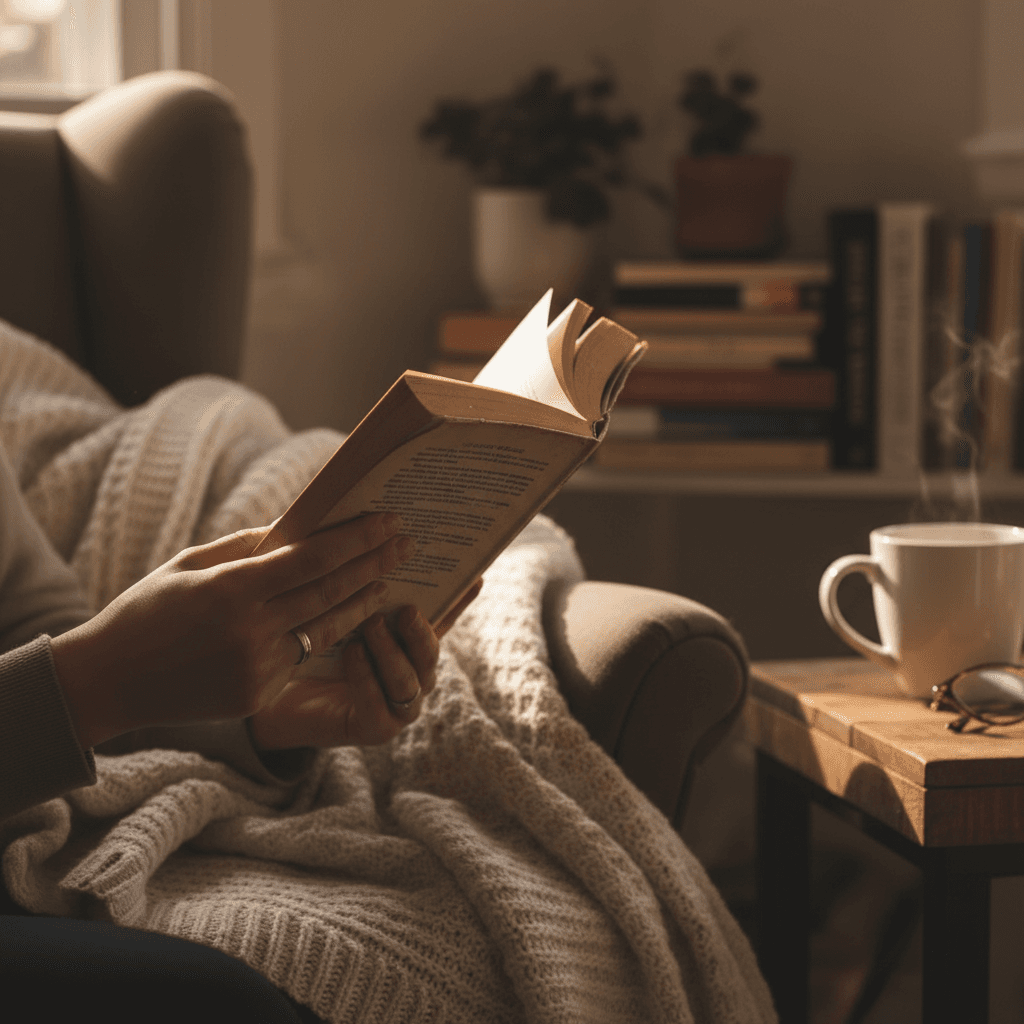 Woman reading a magazine in a cozy, bright living room