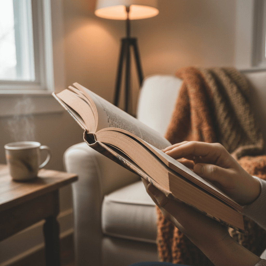 Relaxing evening scene with soft candlelight and a cozy reading nook