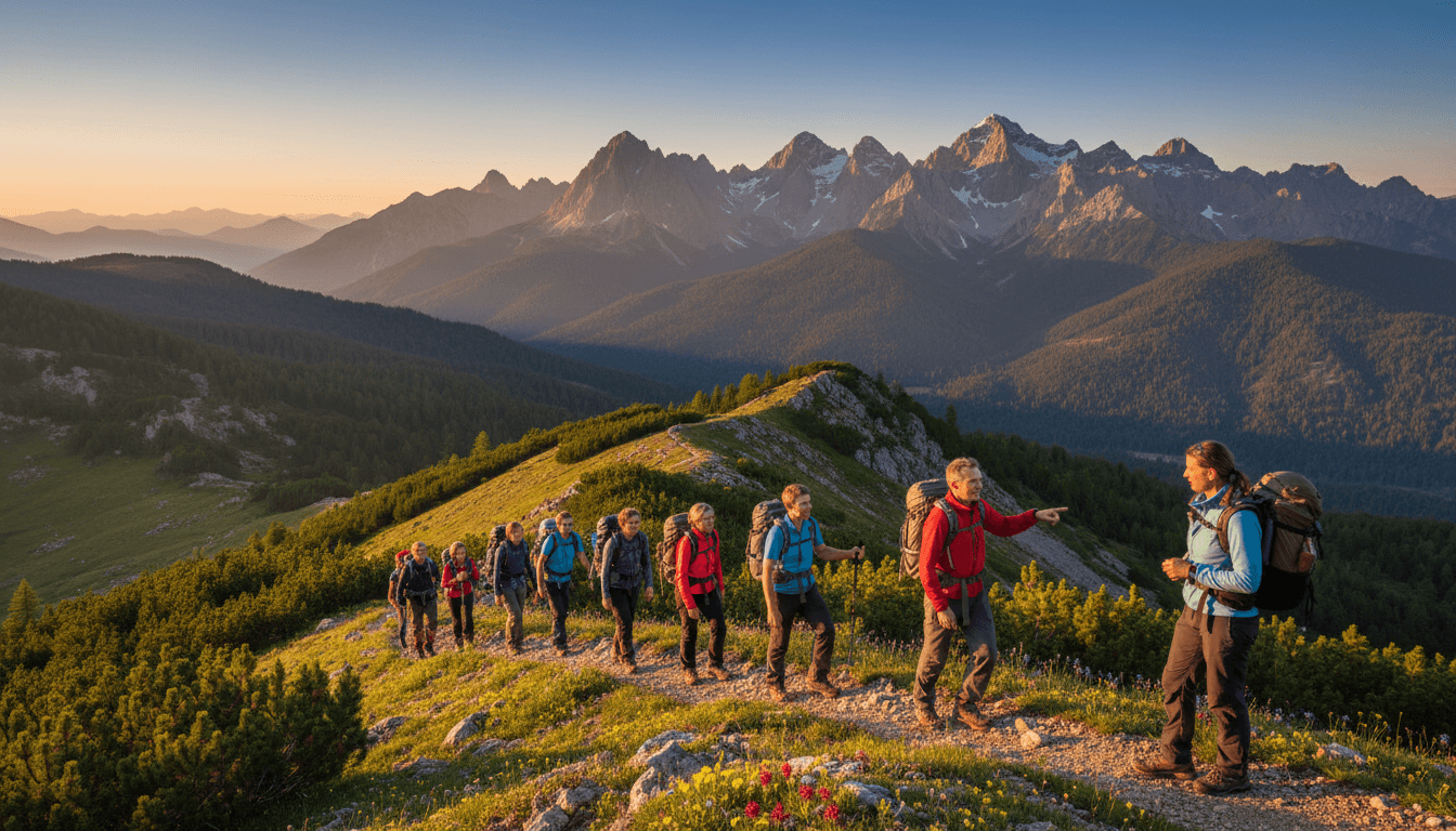 Hiker on a scenic mountain trail with a backpack overlooking a green alpine valley