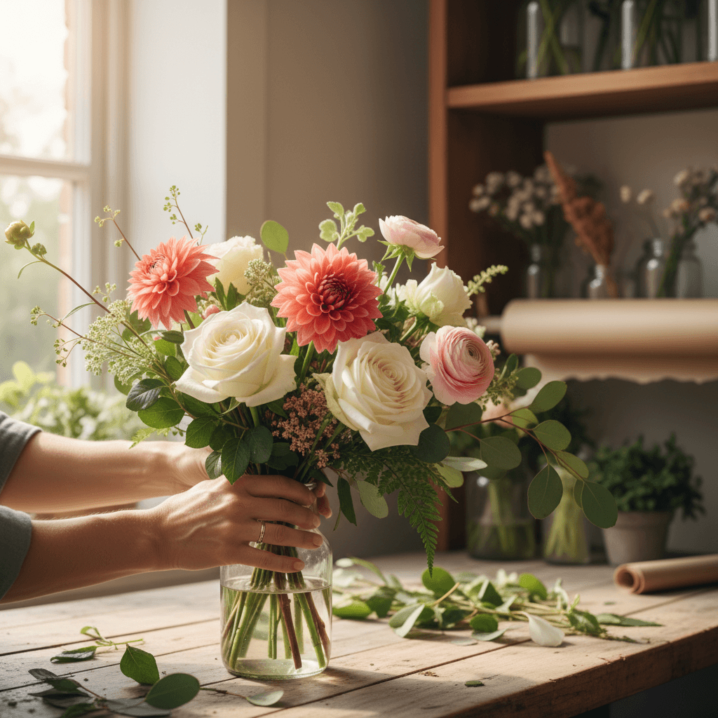 Fresh flowers in a simple vase brightening a sunny kitchen windowsill