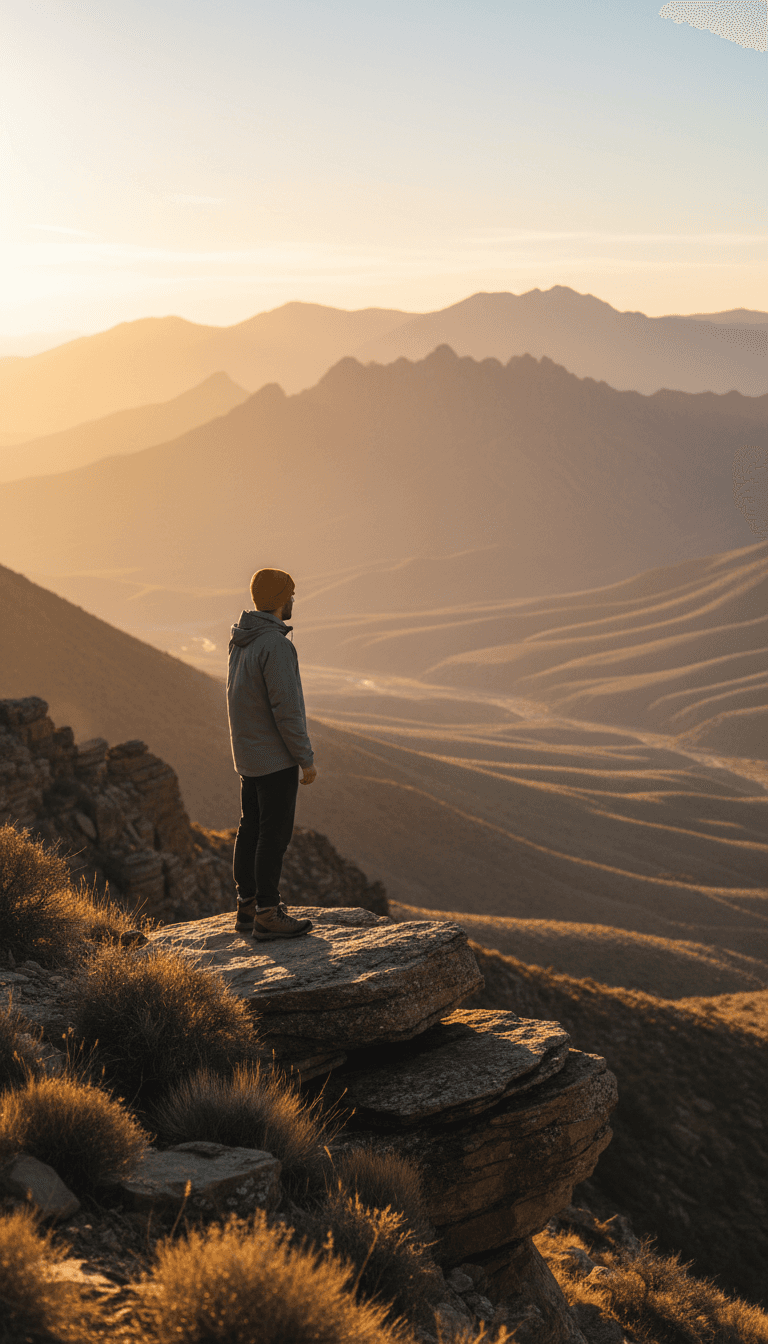 Woman standing on a scenic mountain viewpoint looking out at a lake at golden hour