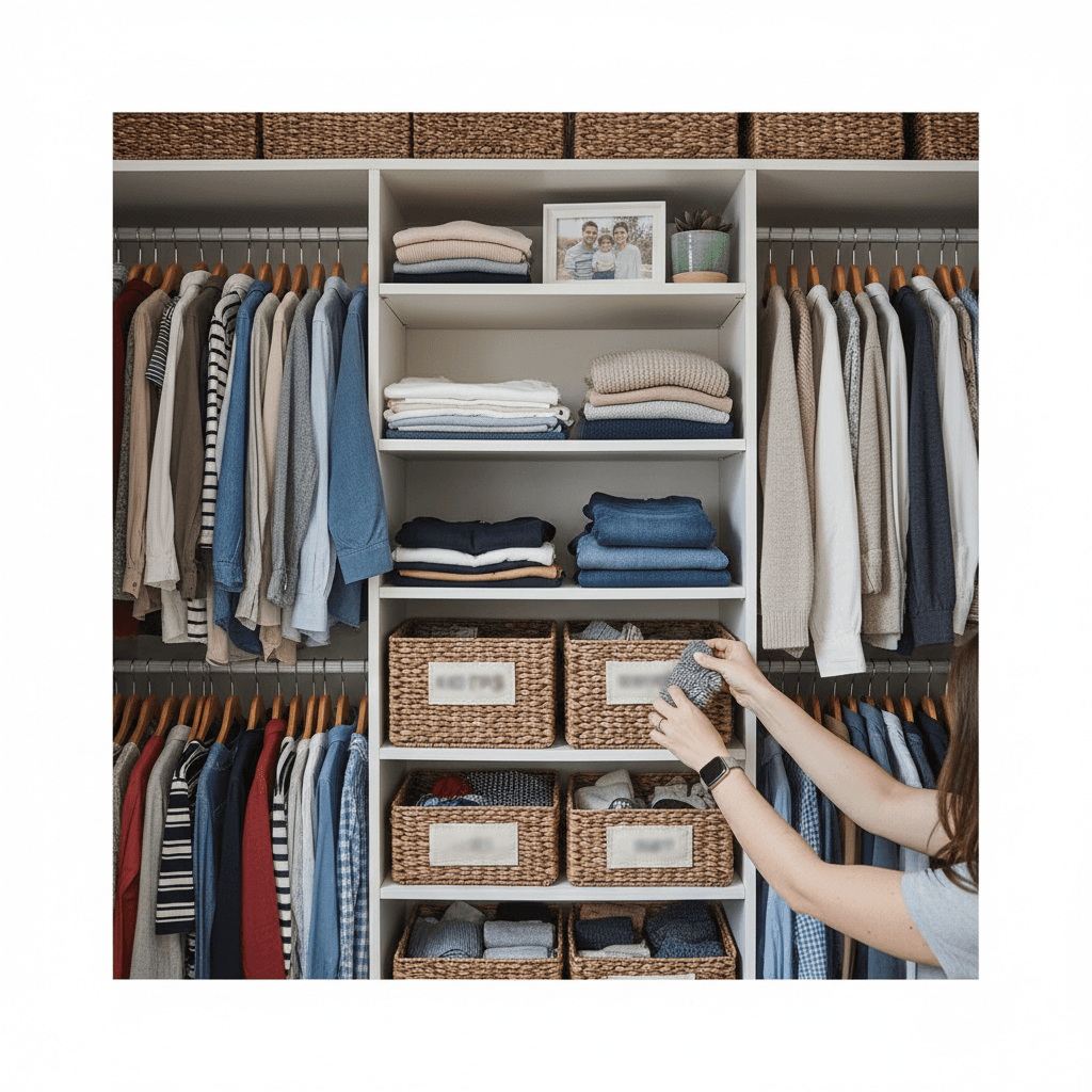 Organized closet with clothes neatly arranged by color on wooden hangers
