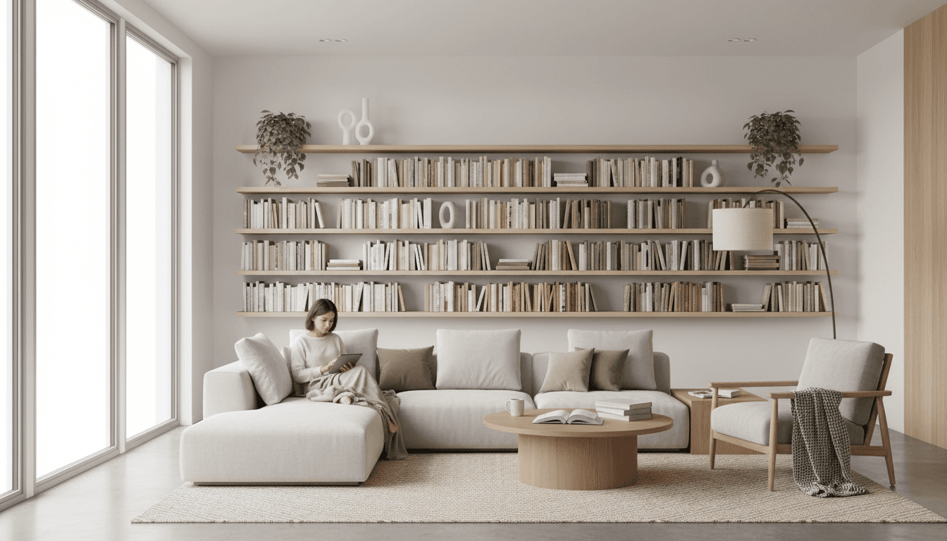 Bright cozy living room with natural light, plants, and warm neutral decor
