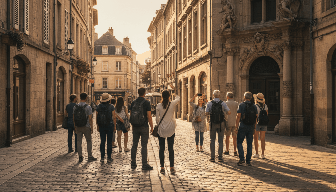 Couple walking through a charming European old town street at sunset