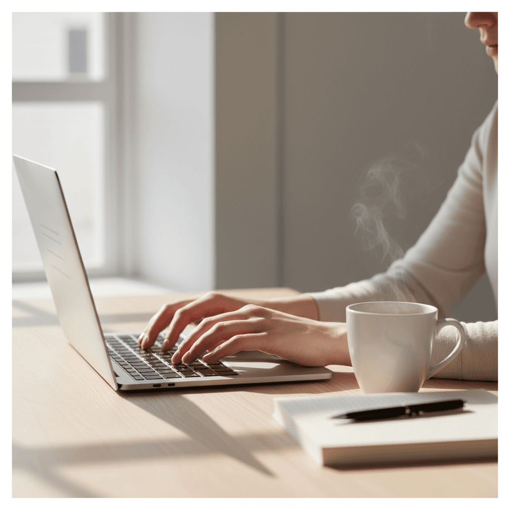 Woman writing in a journal at a cozy, warm-lit desk with a cup of coffee