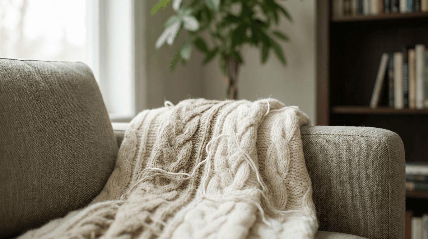 Cozy neutral living room corner with soft throws