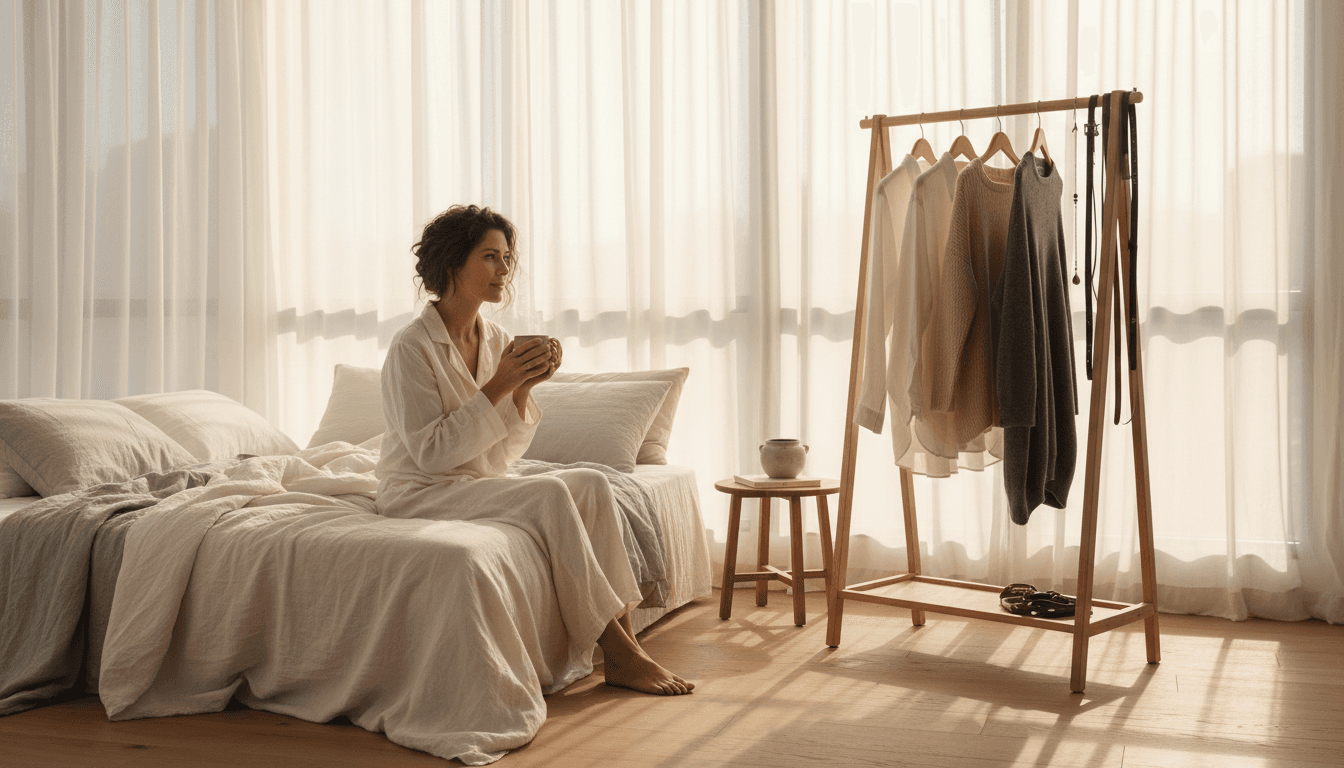 Woman in a beige knit sweater and wide leg trousers standing in bright bedroom