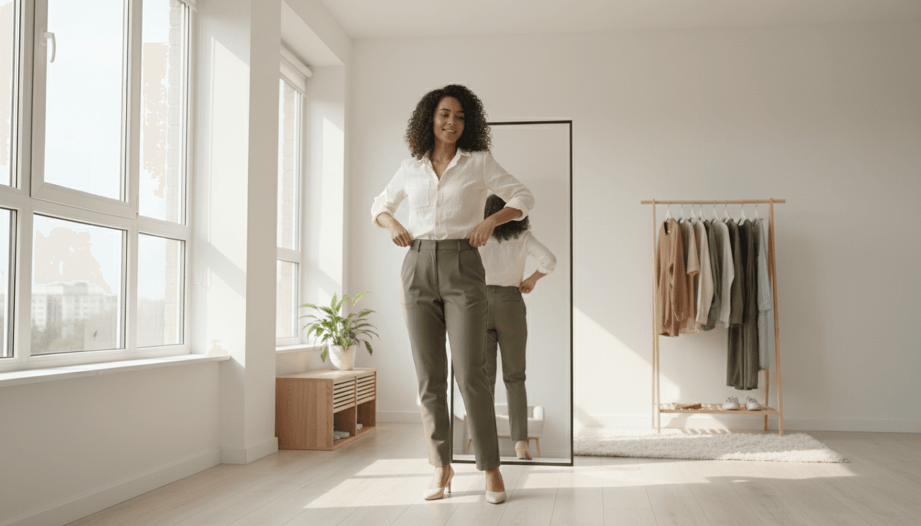 Woman trying on clothes in a bright modern bedroom with warm tones