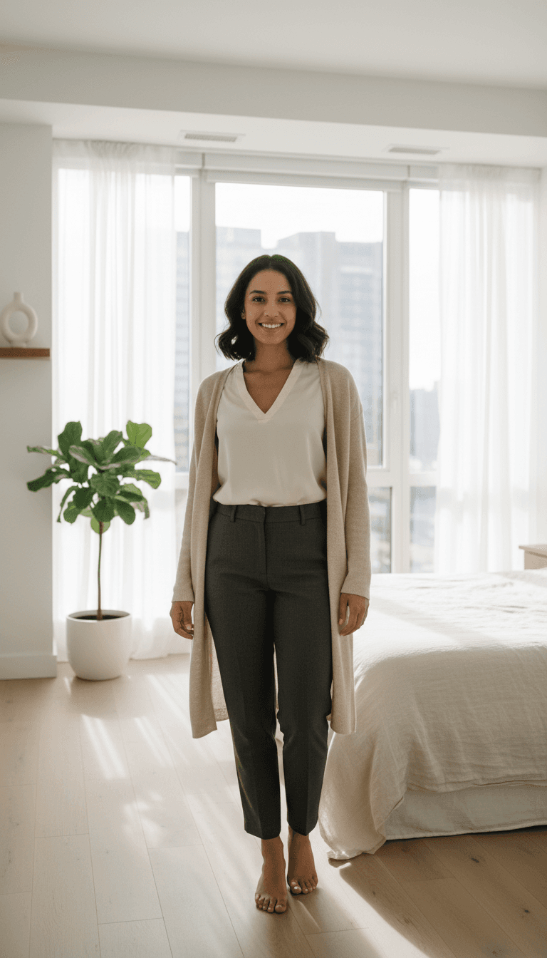 Woman trying on outfits in a bright, modern wardrobe