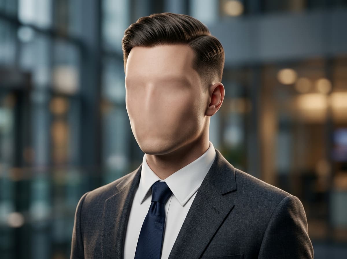 Man in a business suit with a smooth, featureless face in a blurred office.